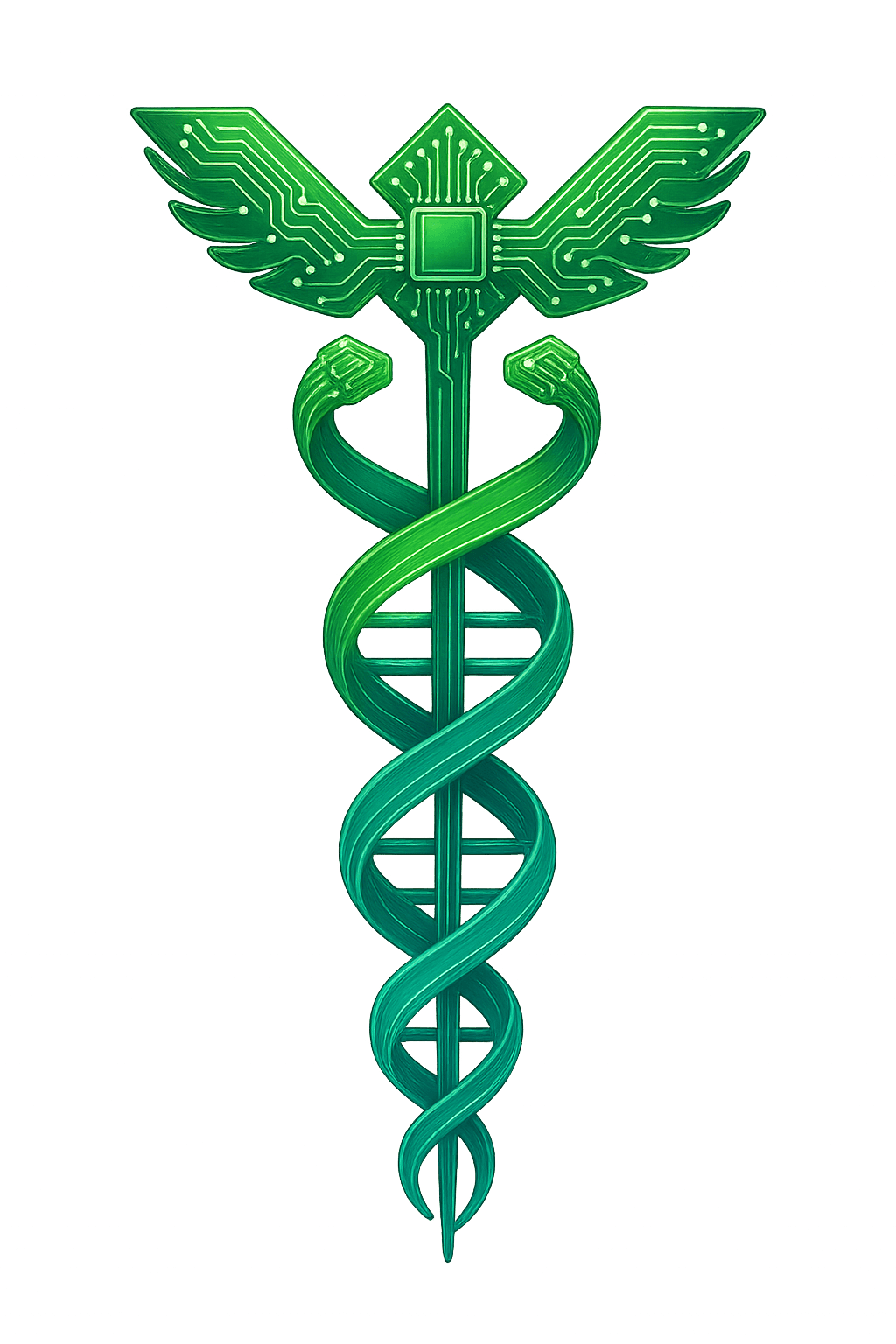 Illustration of a green caduceus made of circuit traces and a DNA helix on a blue background