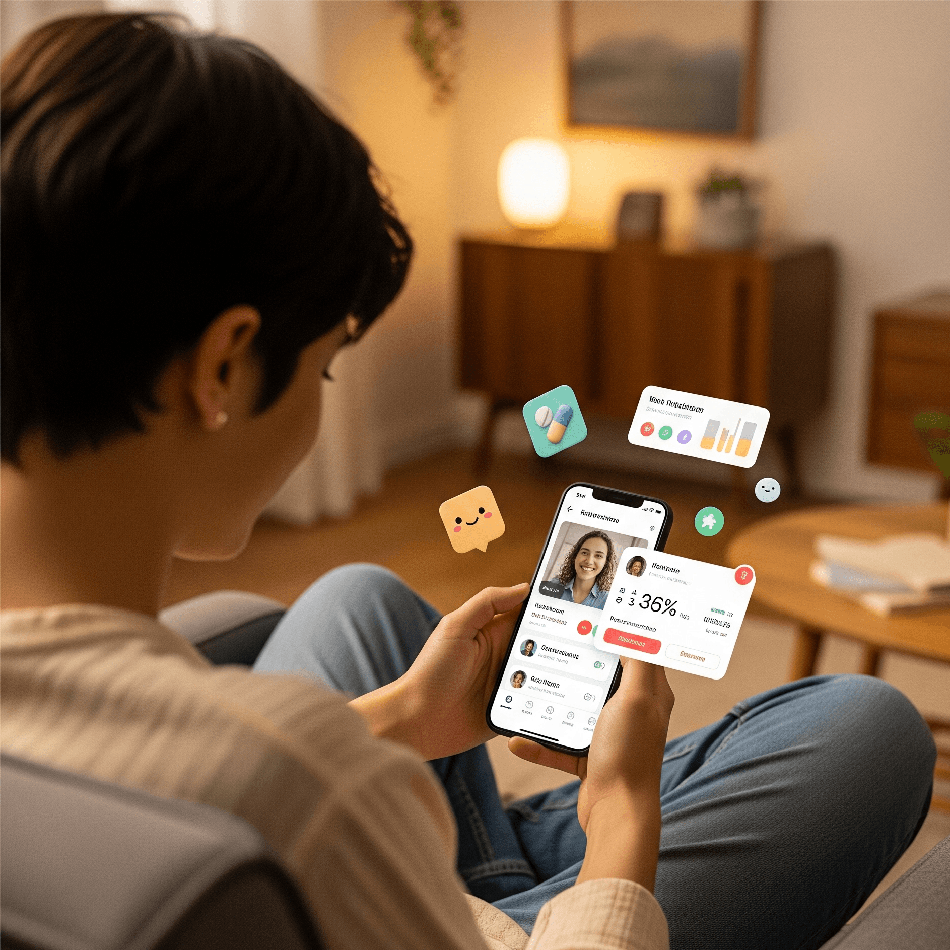 Woman using a mobile health app with floating UI icons