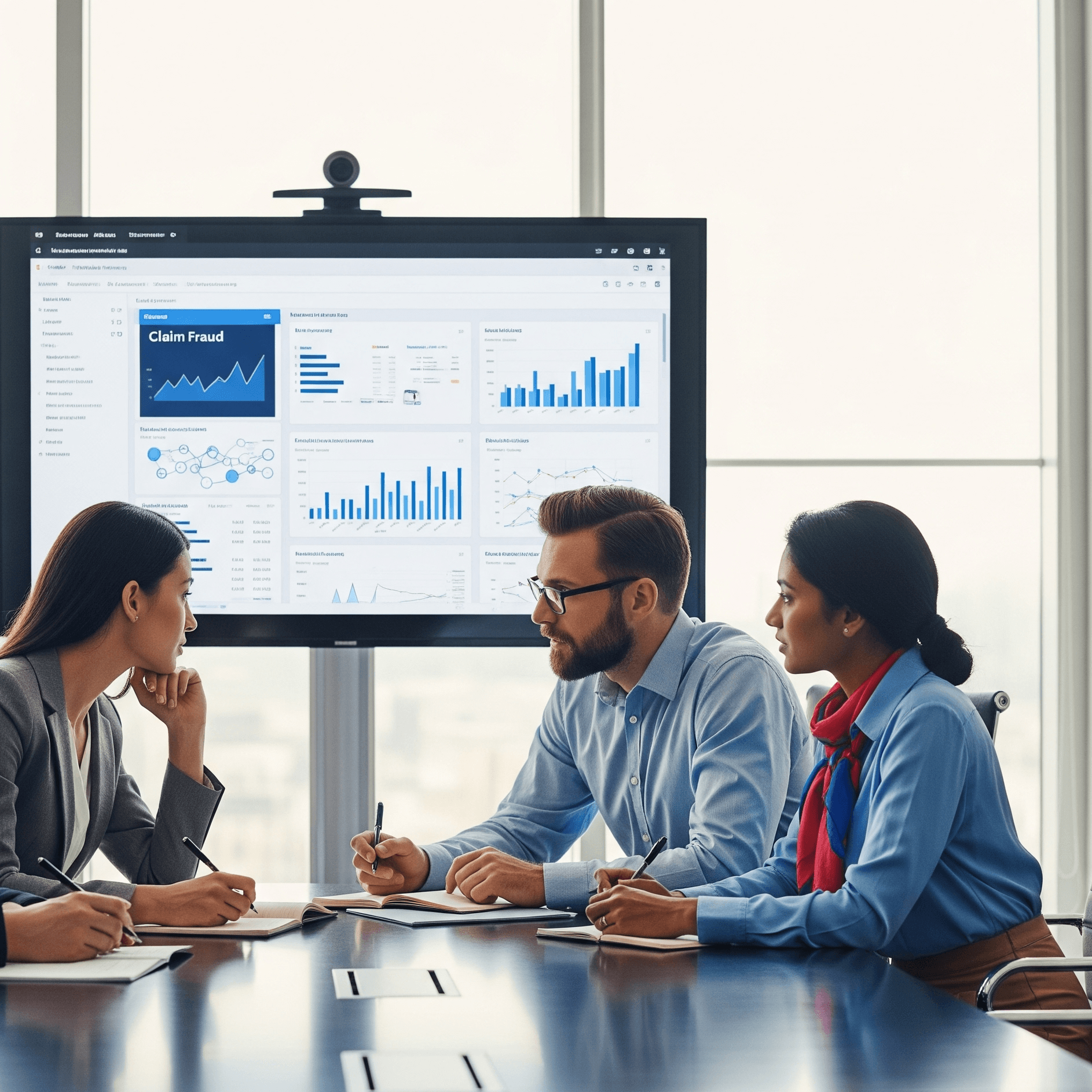 Business team analysing claim fraud dashboard during a meeting
