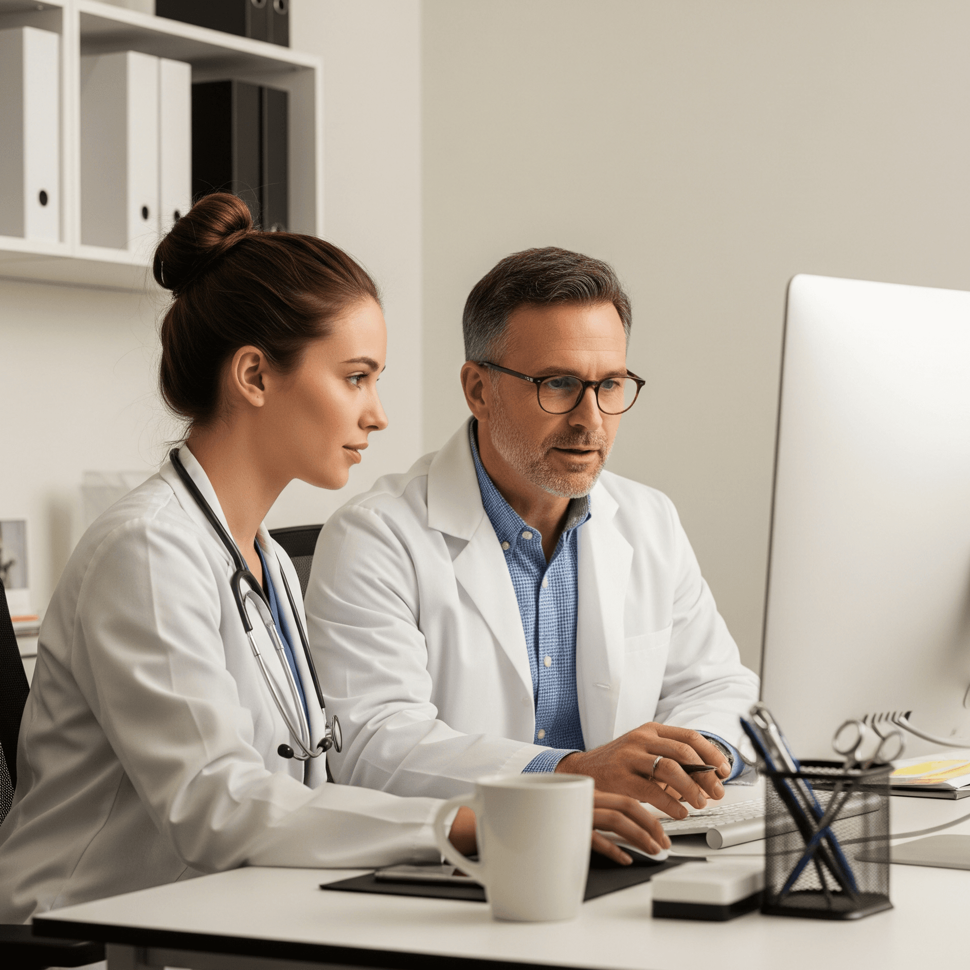 Two physicians working together at a desktop computer